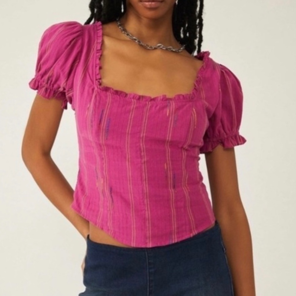 Free People Seratonin Corset Smocked Puff Sleeve Top Raspberry Pink